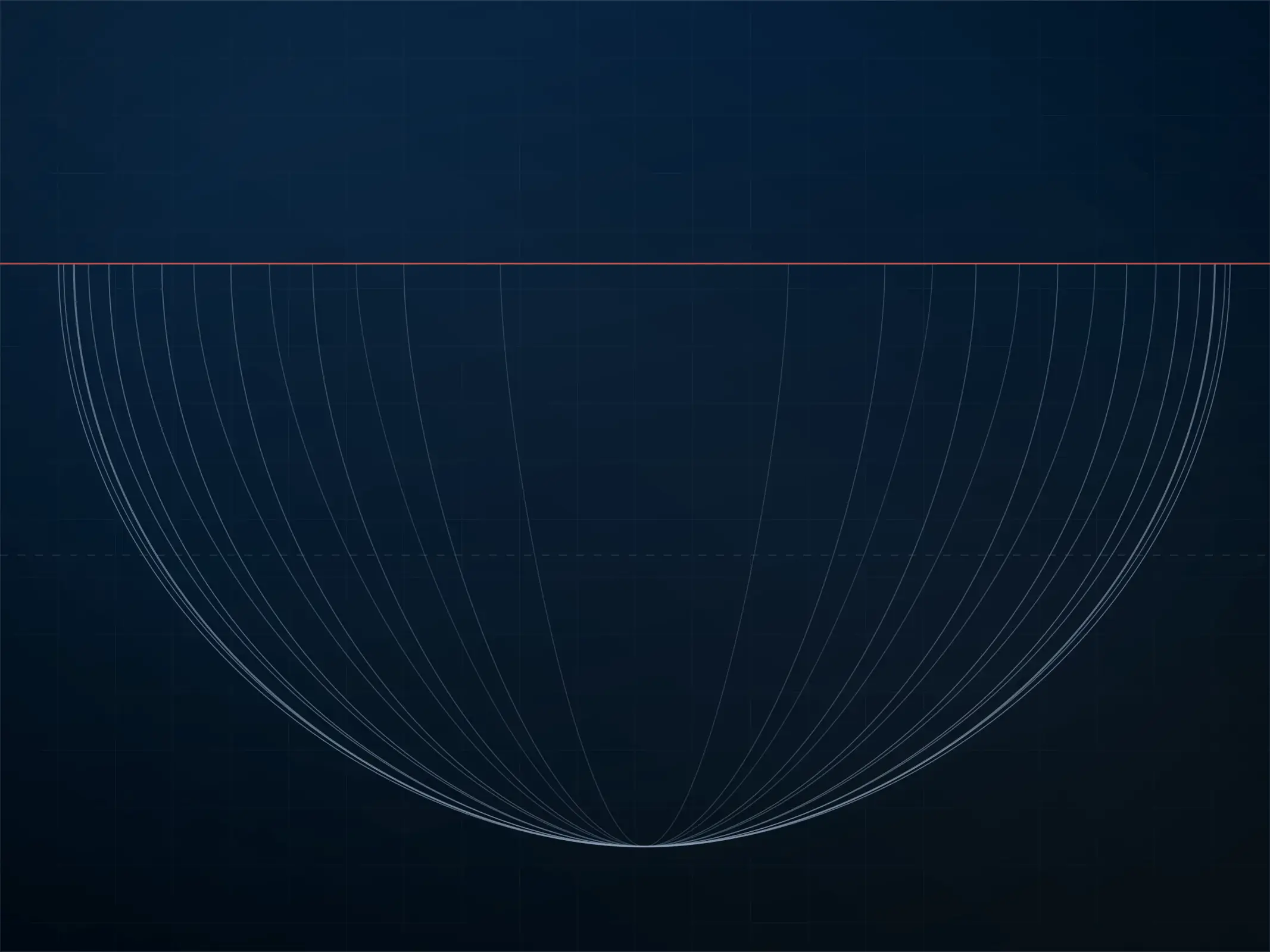 Curvas anidadas en forma de sección de casco bajo una línea horizontal roja que marca la flotación