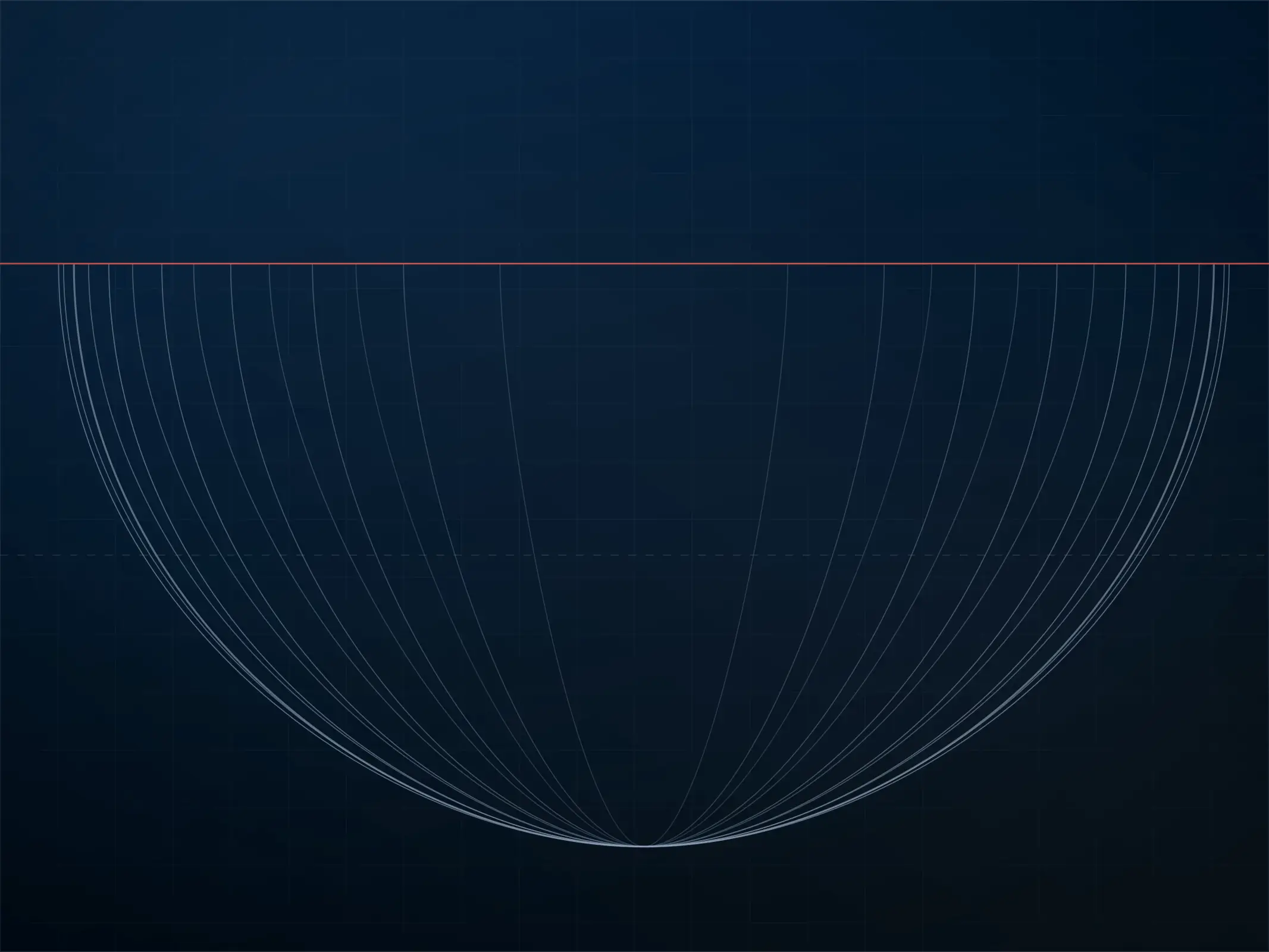 Curvas anidadas en forma de sección de casco bajo una línea horizontal roja que marca la flotación